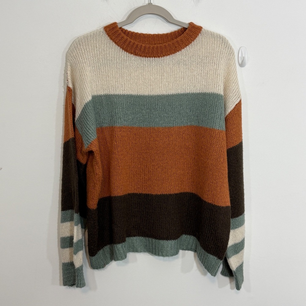 Becaal Womens Striped Sweater M Orange Boho Earthy Casual Knit Crewneck